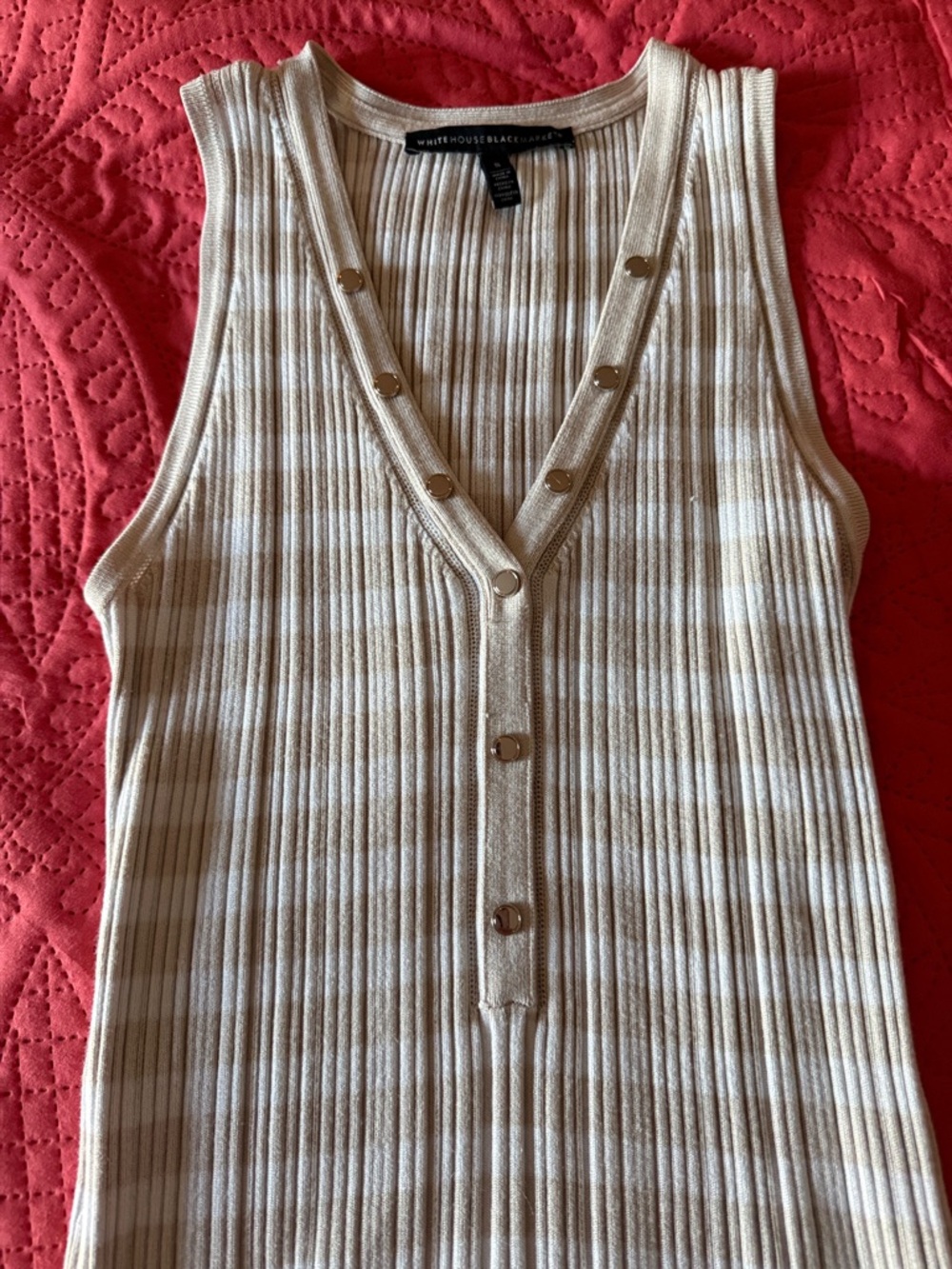 White House Black Market Cream Striped Ribbed Snap-Front Tank